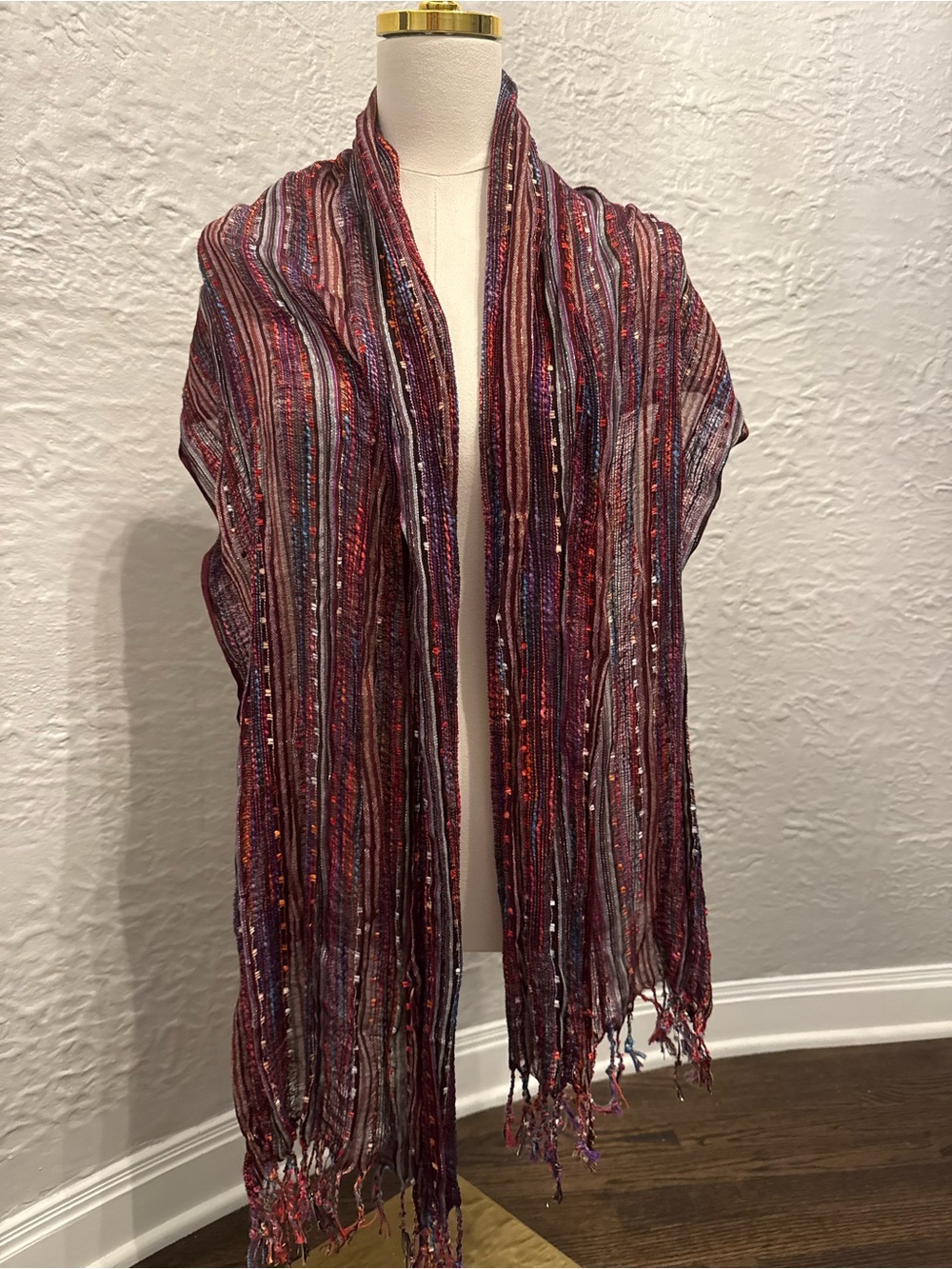 Multicolor Striped Woven Scarf - Red Accent